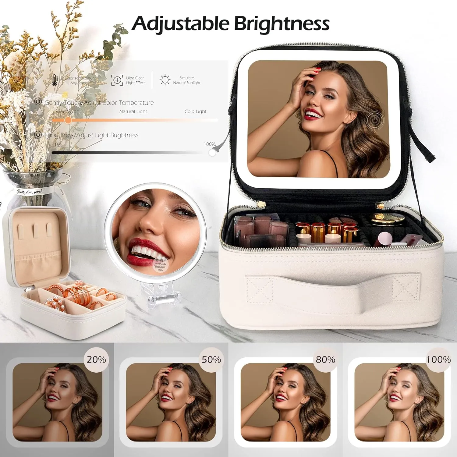 Travel Vanity Bag with Light and Mirror Travel Makeup Train Case Cosmetic Bag Organizer with Adjustable Dividers Portable Storage Adjustable Partition Traveling Makeup Box Khaki