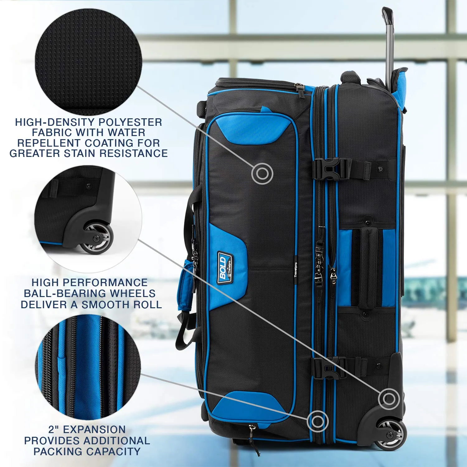 Travelpro Bold Drop Bottom Wheeled Rolling Duffel Bag Blue/Black 30 Inch U5
