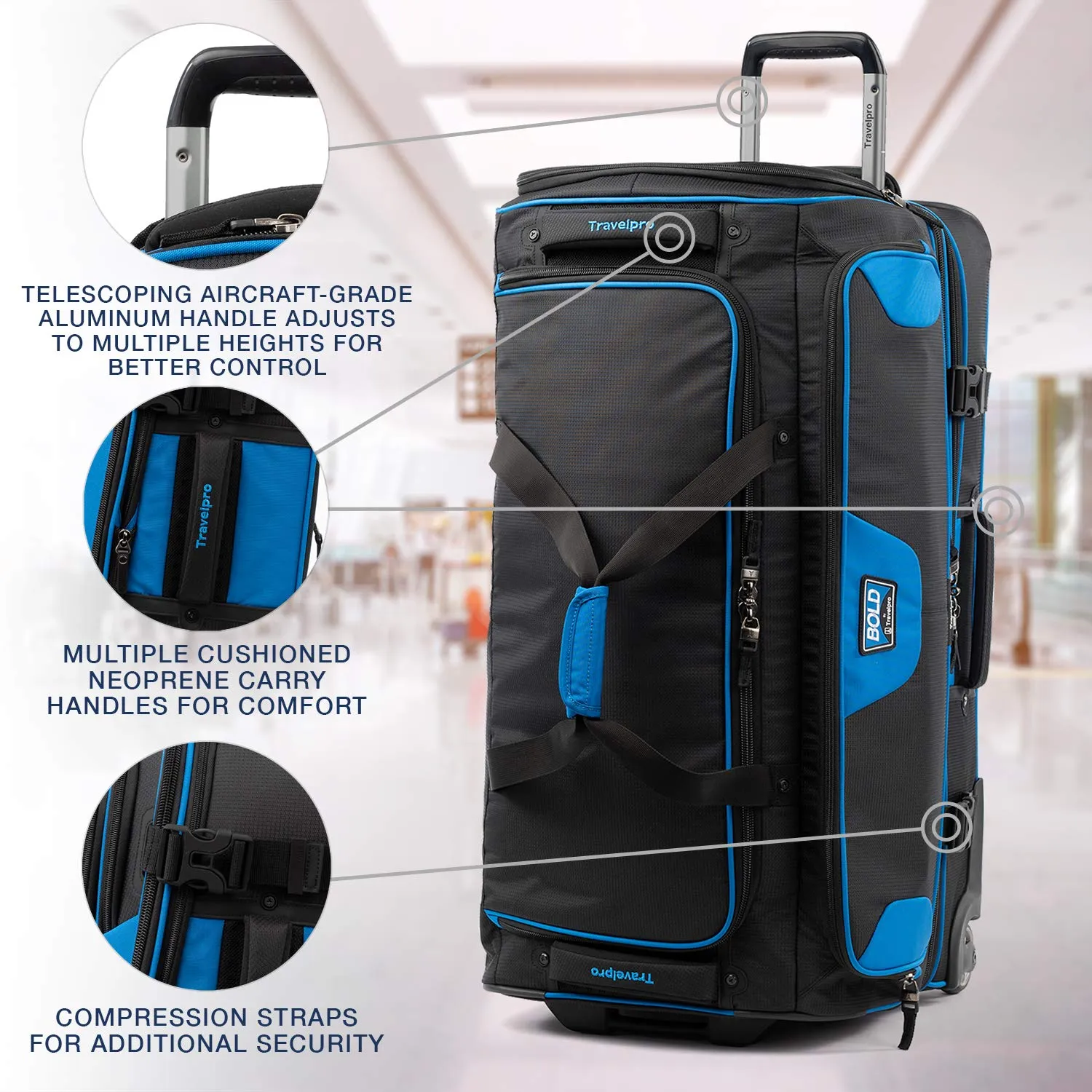 Travelpro Bold Drop Bottom Wheeled Rolling Duffel Bag Blue/Black 30 Inch U5