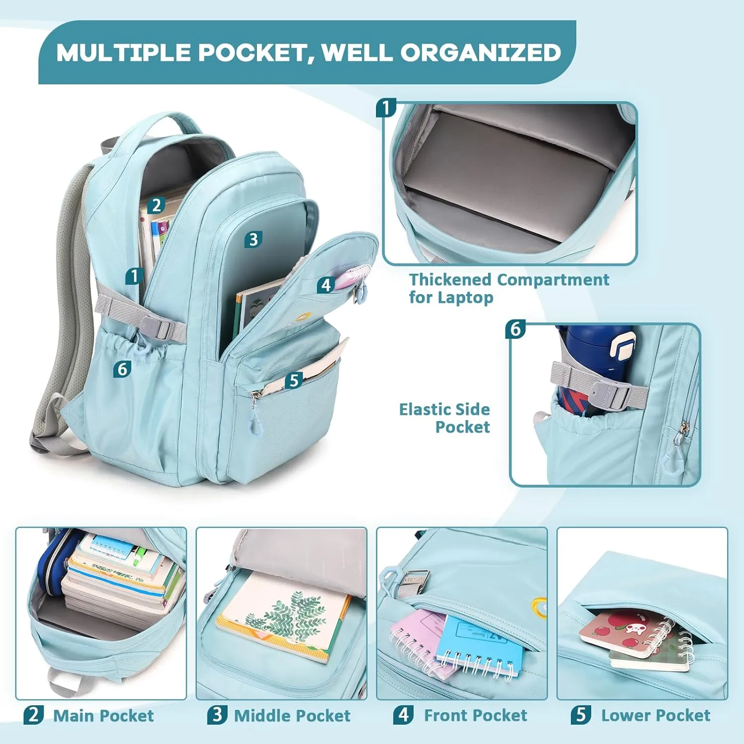 Trendy Casual Backpack with Solid Color, Water Resistence School backpack for Girls, Teen Bookbag for Women, Light Blue