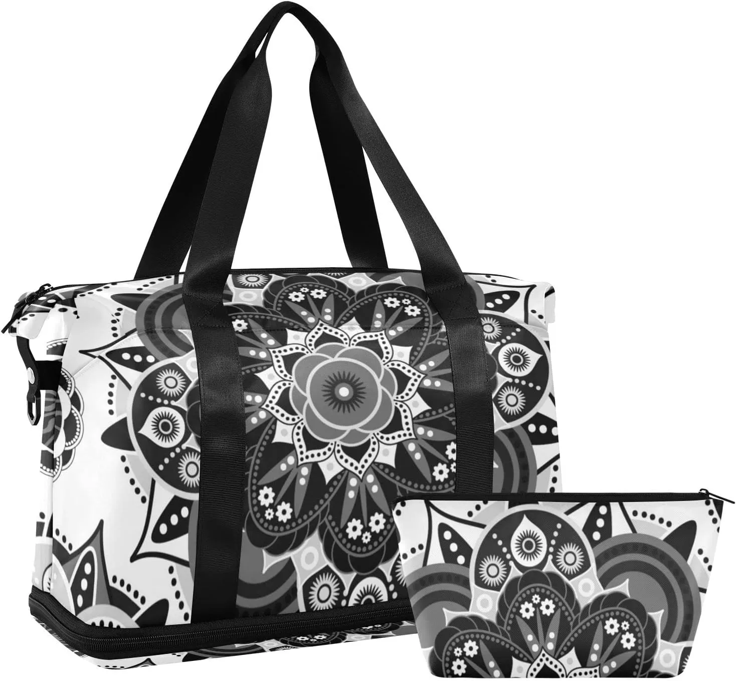 Tribal Ethnic Mandala Floral Flowers Abstract Ornamental Backdrop Gym Duffel Bag, Polyester Travel Weekender Luggage Handbag with Waterproof Pocket for Wet Items, Unisex Foldable Tote for Sports