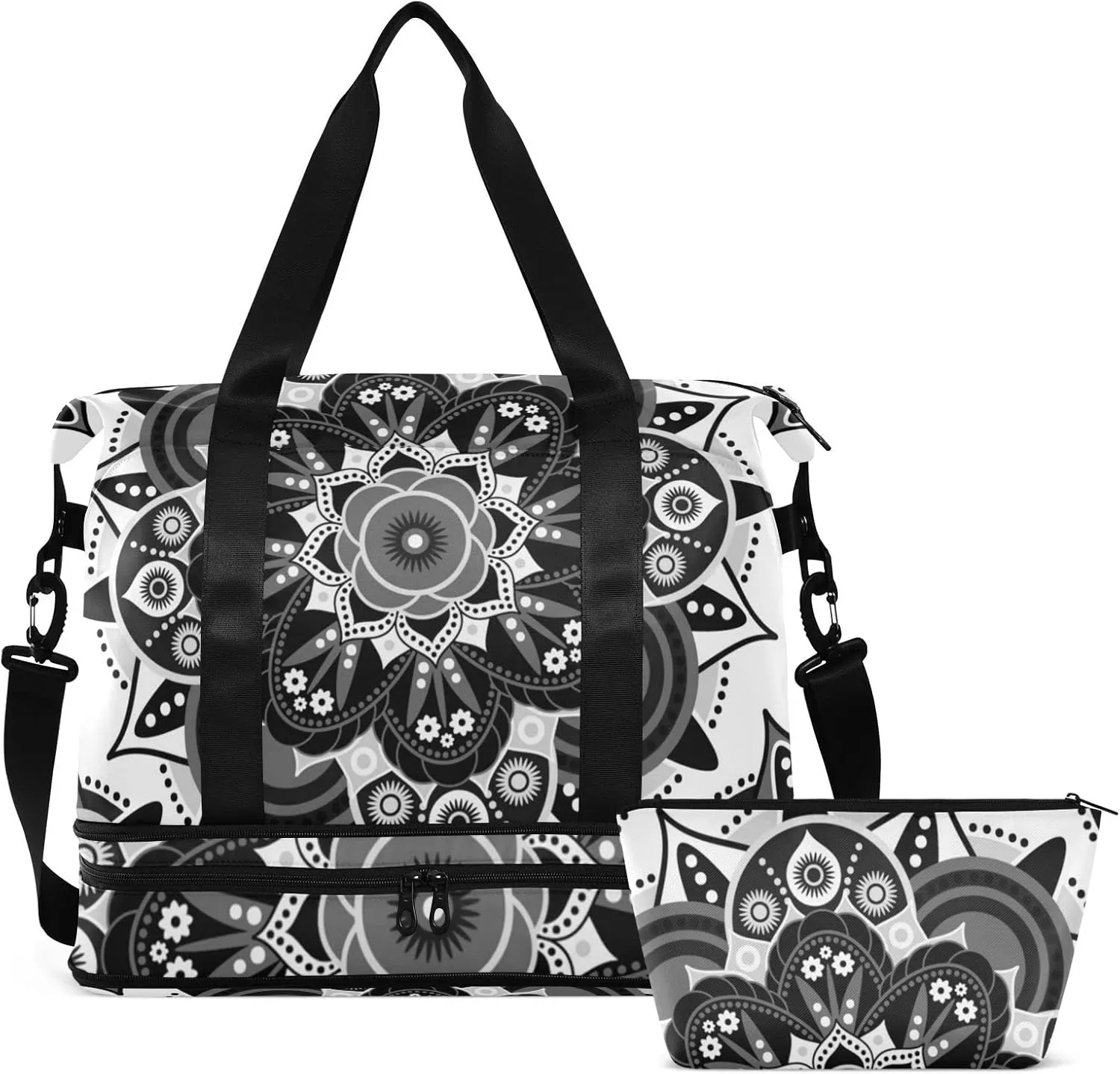Tribal Ethnic Mandala Floral Flowers Abstract Ornamental Backdrop Gym Duffel Bag, Polyester Travel Weekender Luggage Handbag with Waterproof Pocket for Wet Items, Unisex Foldable Tote for Sports