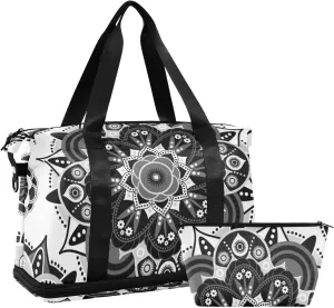 Tribal Ethnic Mandala Floral Flowers Abstract Ornamental Backdrop Gym Duffel Bag, Polyester Travel Weekender Luggage Handbag with Waterproof Pocket for Wet Items, Unisex Foldable Tote for Sports