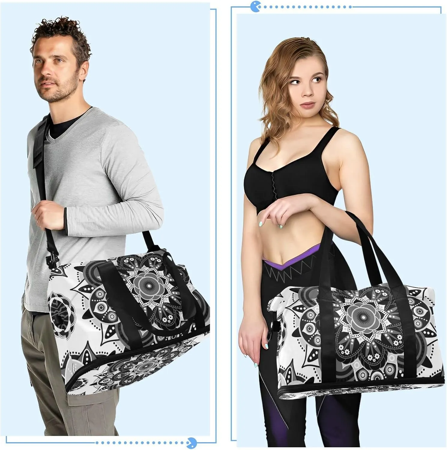 Tribal Ethnic Mandala Floral Flowers Abstract Ornamental Backdrop Gym Duffel Bag, Polyester Travel Weekender Luggage Handbag with Waterproof Pocket for Wet Items, Unisex Foldable Tote for Sports