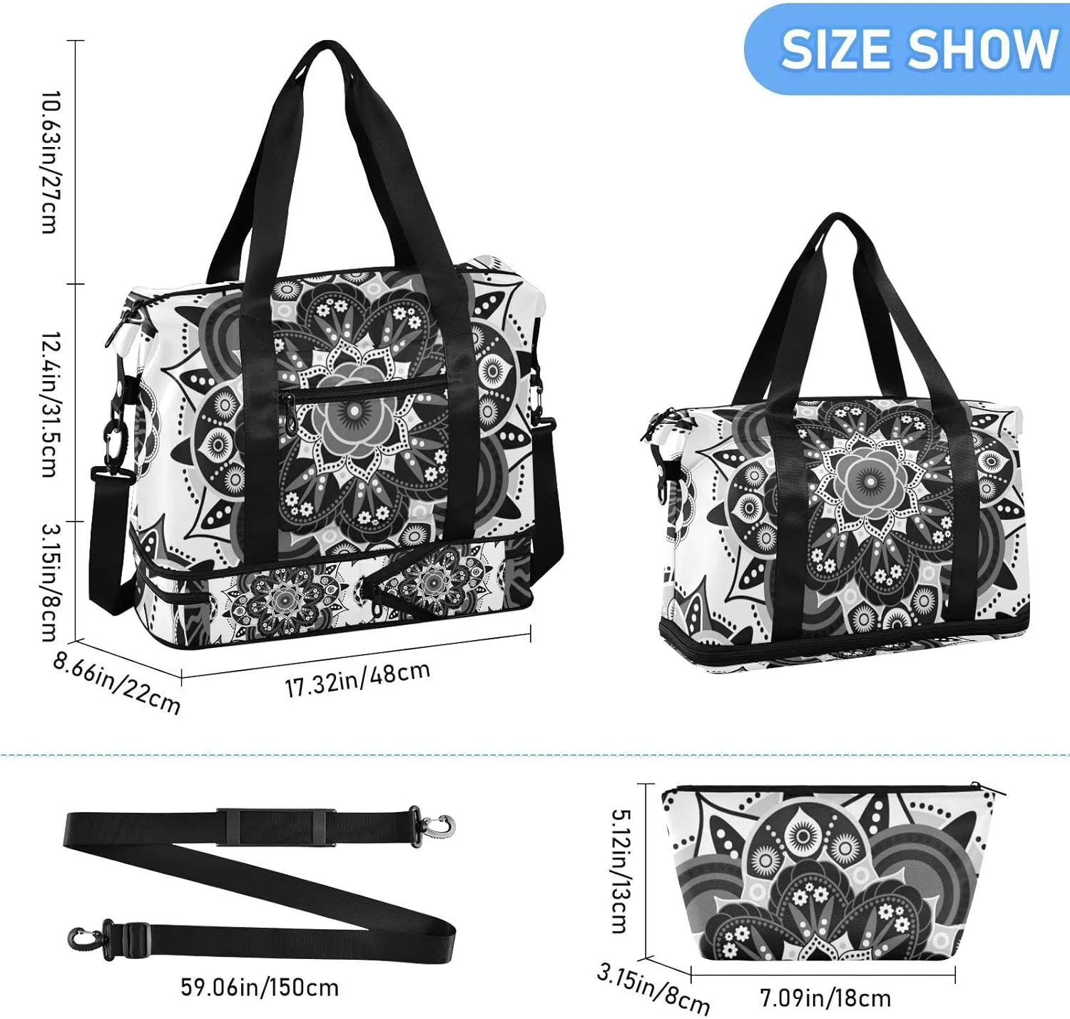 Tribal Ethnic Mandala Floral Flowers Abstract Ornamental Backdrop Gym Duffel Bag, Polyester Travel Weekender Luggage Handbag with Waterproof Pocket for Wet Items, Unisex Foldable Tote for Sports
