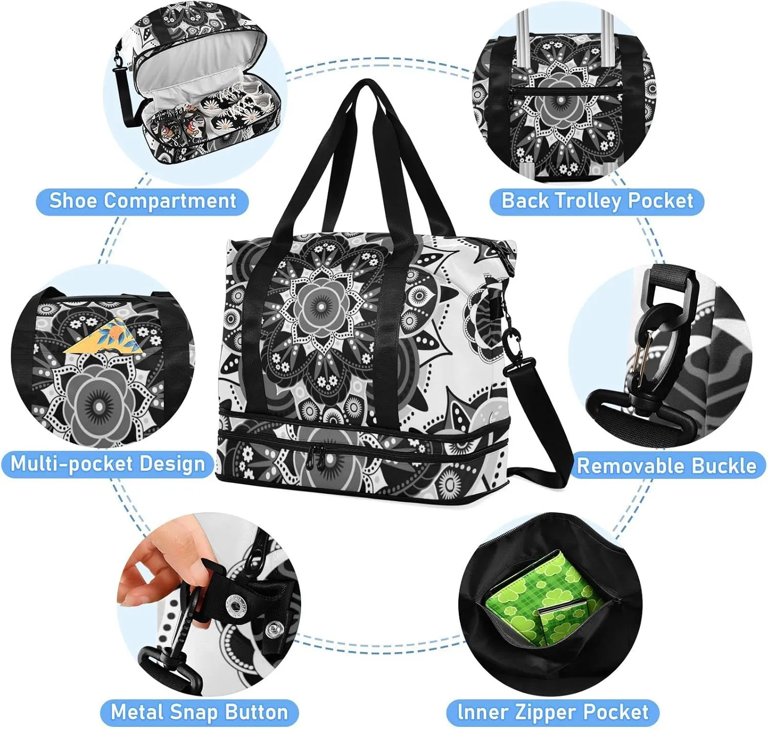 Tribal Ethnic Mandala Floral Flowers Abstract Ornamental Backdrop Gym Duffel Bag, Polyester Travel Weekender Luggage Handbag with Waterproof Pocket for Wet Items, Unisex Foldable Tote for Sports