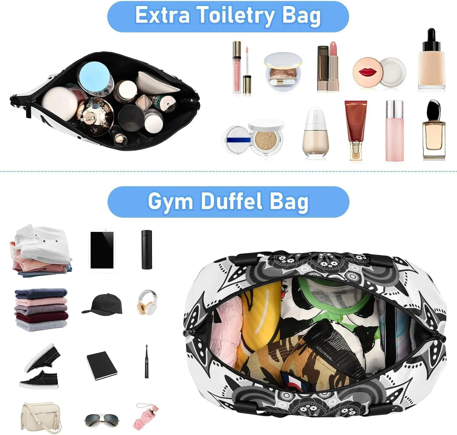 Tribal Ethnic Mandala Floral Flowers Abstract Ornamental Backdrop Gym Duffel Bag, Polyester Travel Weekender Luggage Handbag with Waterproof Pocket for Wet Items, Unisex Foldable Tote for Sports