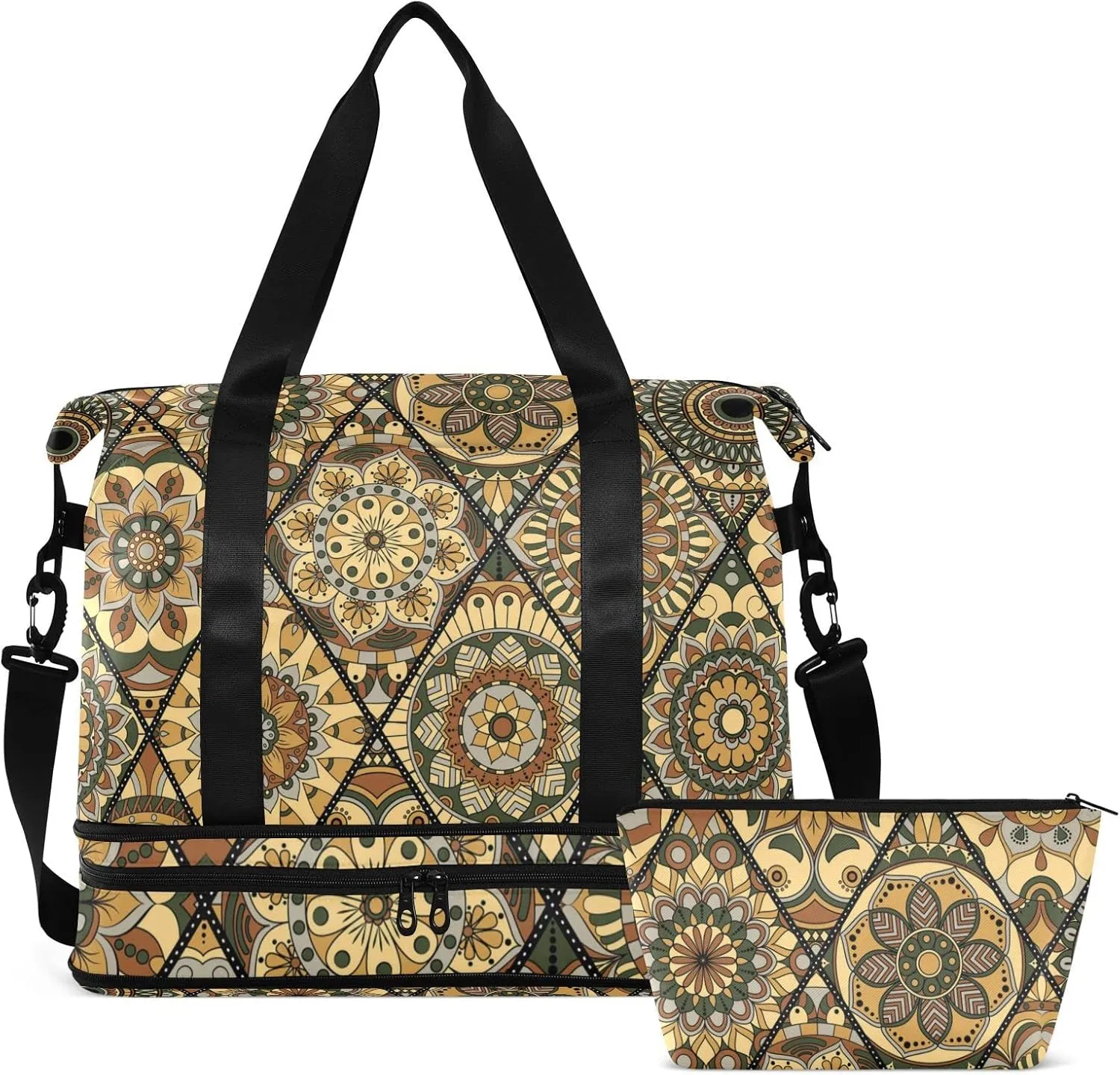 Tribal Mandala Flowers Islam, Arabic, Indian, Ottoman Motifs Gym Duffel Bag, Polyester Travel Weekender Luggage Handbag with Waterproof Pocket for Wet Items, Unisex Foldable Tote for Sports