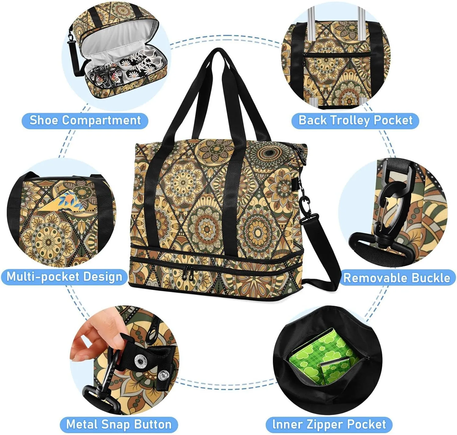 Tribal Mandala Flowers Islam, Arabic, Indian, Ottoman Motifs Gym Duffel Bag, Polyester Travel Weekender Luggage Handbag with Waterproof Pocket for Wet Items, Unisex Foldable Tote for Sports