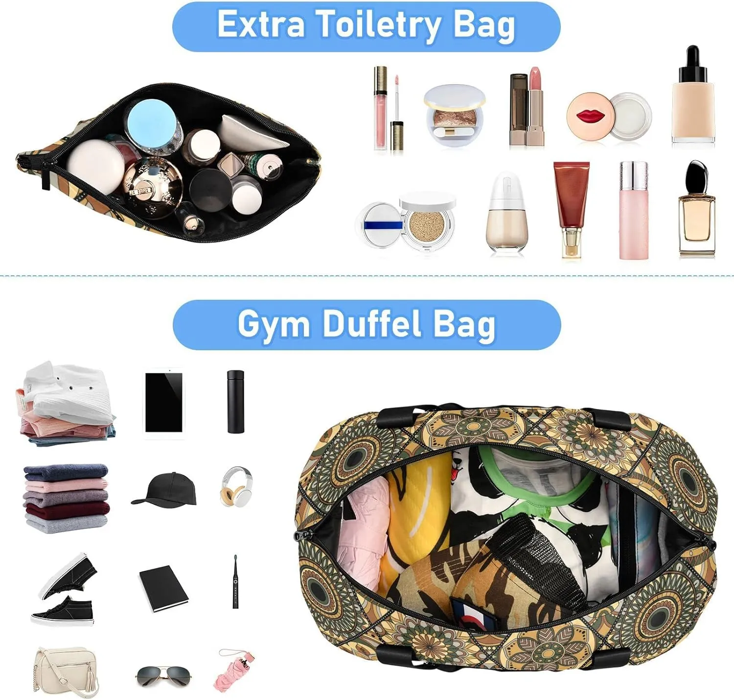 Tribal Mandala Flowers Islam, Arabic, Indian, Ottoman Motifs Gym Duffel Bag, Polyester Travel Weekender Luggage Handbag with Waterproof Pocket for Wet Items, Unisex Foldable Tote for Sports
