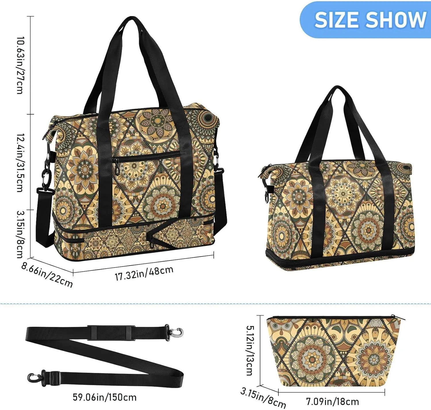 Tribal Mandala Flowers Islam, Arabic, Indian, Ottoman Motifs Gym Duffel Bag, Polyester Travel Weekender Luggage Handbag with Waterproof Pocket for Wet Items, Unisex Foldable Tote for Sports