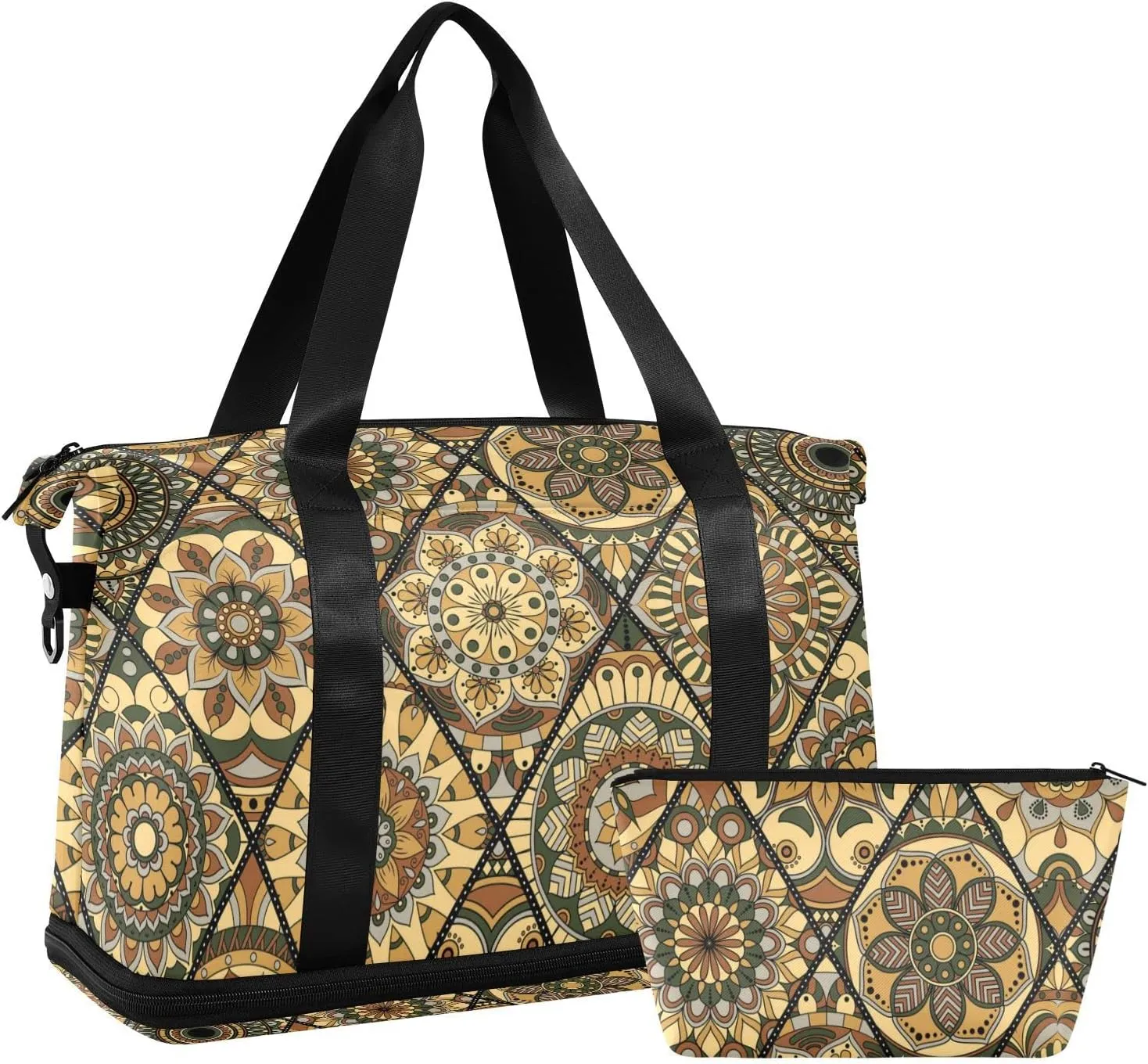 Tribal Mandala Flowers Islam, Arabic, Indian, Ottoman Motifs Gym Duffel Bag, Polyester Travel Weekender Luggage Handbag with Waterproof Pocket for Wet Items, Unisex Foldable Tote for Sports