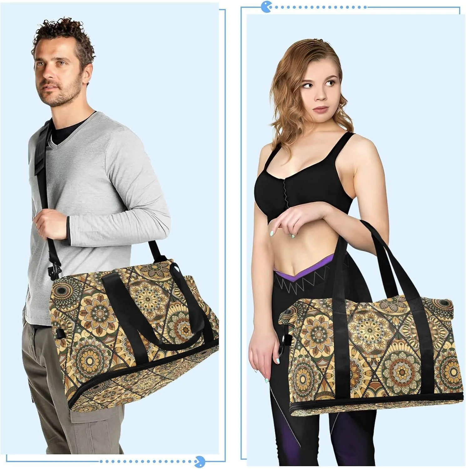 Tribal Mandala Flowers Islam, Arabic, Indian, Ottoman Motifs Gym Duffel Bag, Polyester Travel Weekender Luggage Handbag with Waterproof Pocket for Wet Items, Unisex Foldable Tote for Sports
