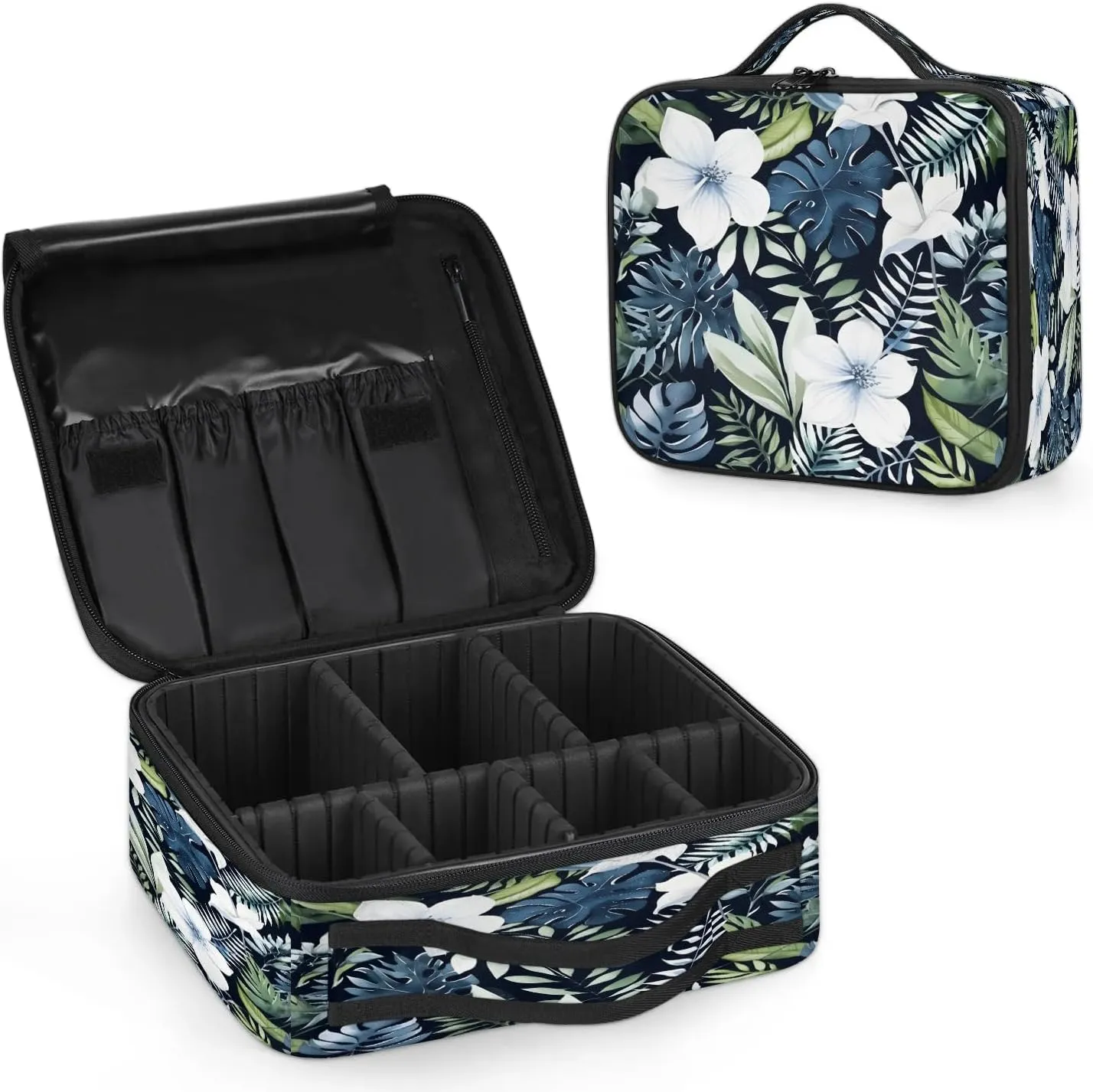 Tropical Eucalyptus Palm Leaves Floral Travel Makeup Train Case Cosmetic Bag Organizer Portable Storage Bag with Adjustable Dividers for Cosmetics Makeup Brushes Toiletry Jewelry