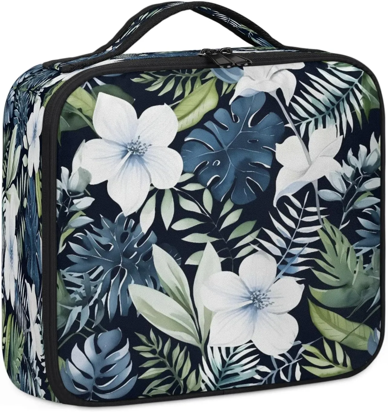 Tropical Eucalyptus Palm Leaves Floral Travel Makeup Train Case Cosmetic Bag Organizer Portable Storage Bag with Adjustable Dividers for Cosmetics Makeup Brushes Toiletry Jewelry