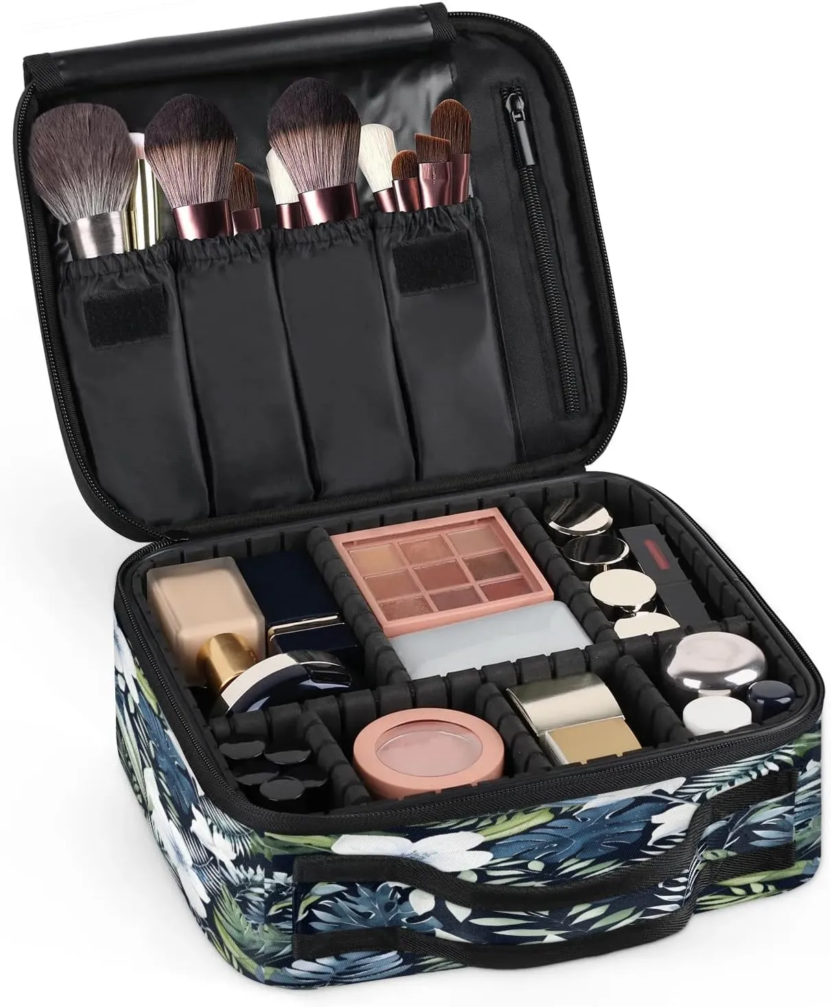 Tropical Eucalyptus Palm Leaves Floral Travel Makeup Train Case Cosmetic Bag Organizer Portable Storage Bag with Adjustable Dividers for Cosmetics Makeup Brushes Toiletry Jewelry