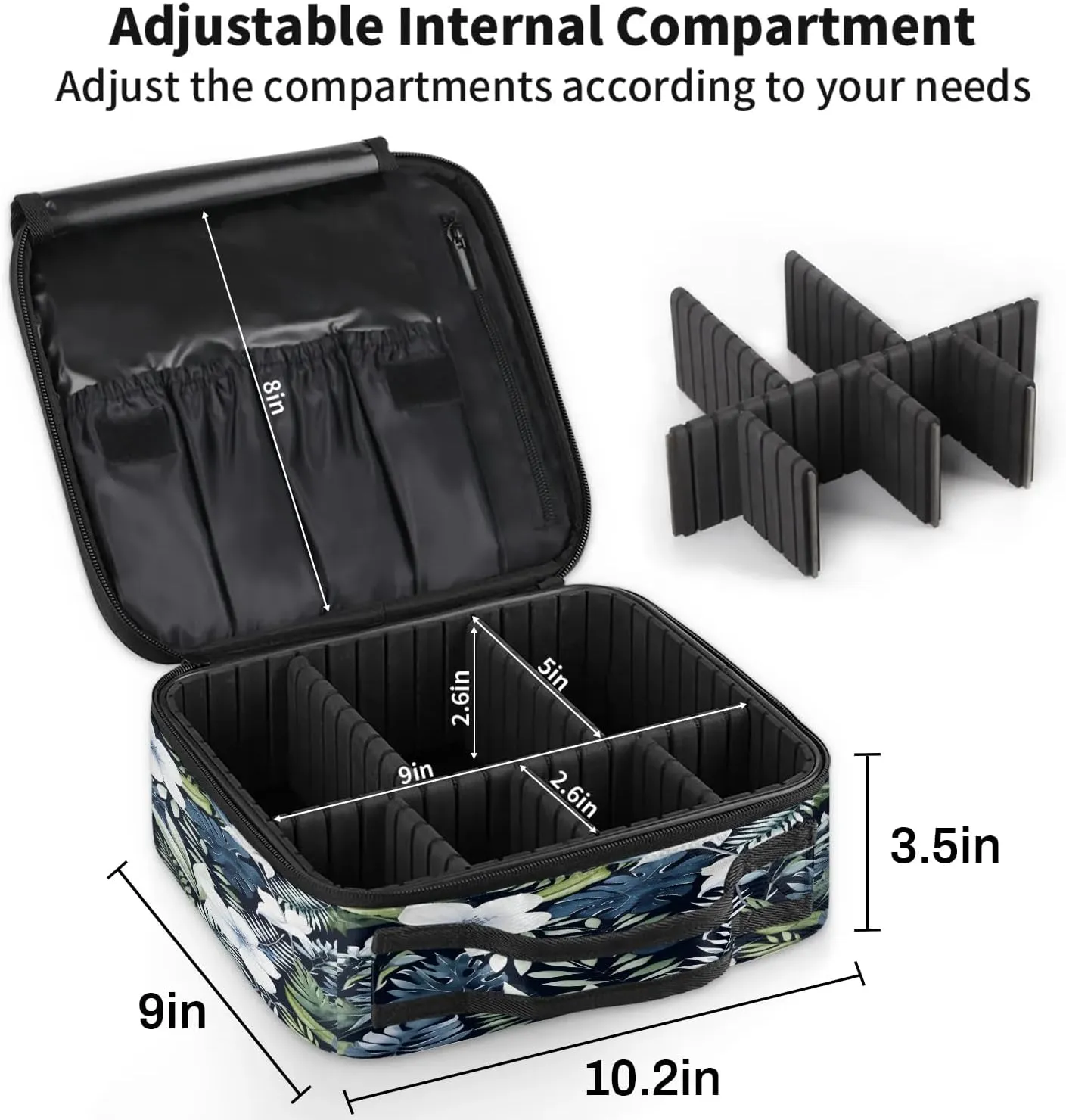 Tropical Eucalyptus Palm Leaves Floral Travel Makeup Train Case Cosmetic Bag Organizer Portable Storage Bag with Adjustable Dividers for Cosmetics Makeup Brushes Toiletry Jewelry