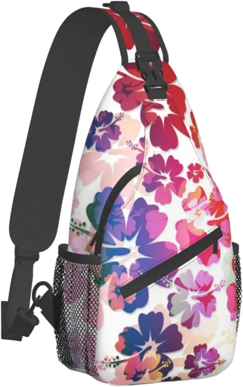 Tropical Hibiscus Flowers Boho Sling Bag for Women Men Crossbody Backpack Casual Hiking Daypack Chest Shoulder Bag with Adjustable Strap