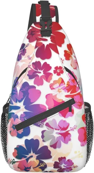 Tropical Hibiscus Flowers Boho Sling Bag for Women Men Crossbody Backpack Casual Hiking Daypack Chest Shoulder Bag with Adjustable Strap