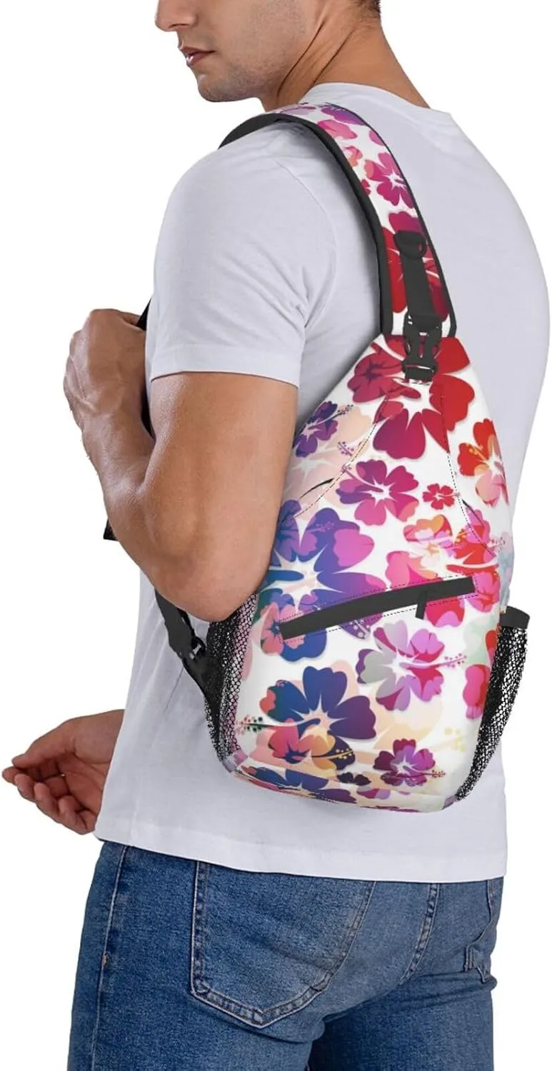 Tropical Hibiscus Flowers Boho Sling Bag for Women Men Crossbody Backpack Casual Hiking Daypack Chest Shoulder Bag with Adjustable Strap