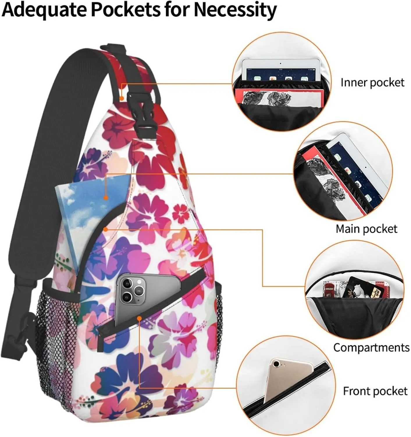 Tropical Hibiscus Flowers Boho Sling Bag for Women Men Crossbody Backpack Casual Hiking Daypack Chest Shoulder Bag with Adjustable Strap