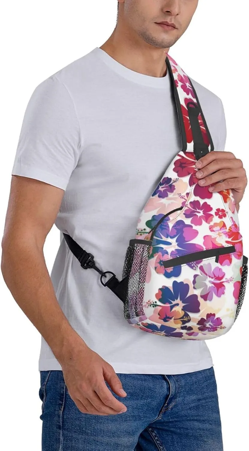 Tropical Hibiscus Flowers Boho Sling Bag for Women Men Crossbody Backpack Casual Hiking Daypack Chest Shoulder Bag with Adjustable Strap