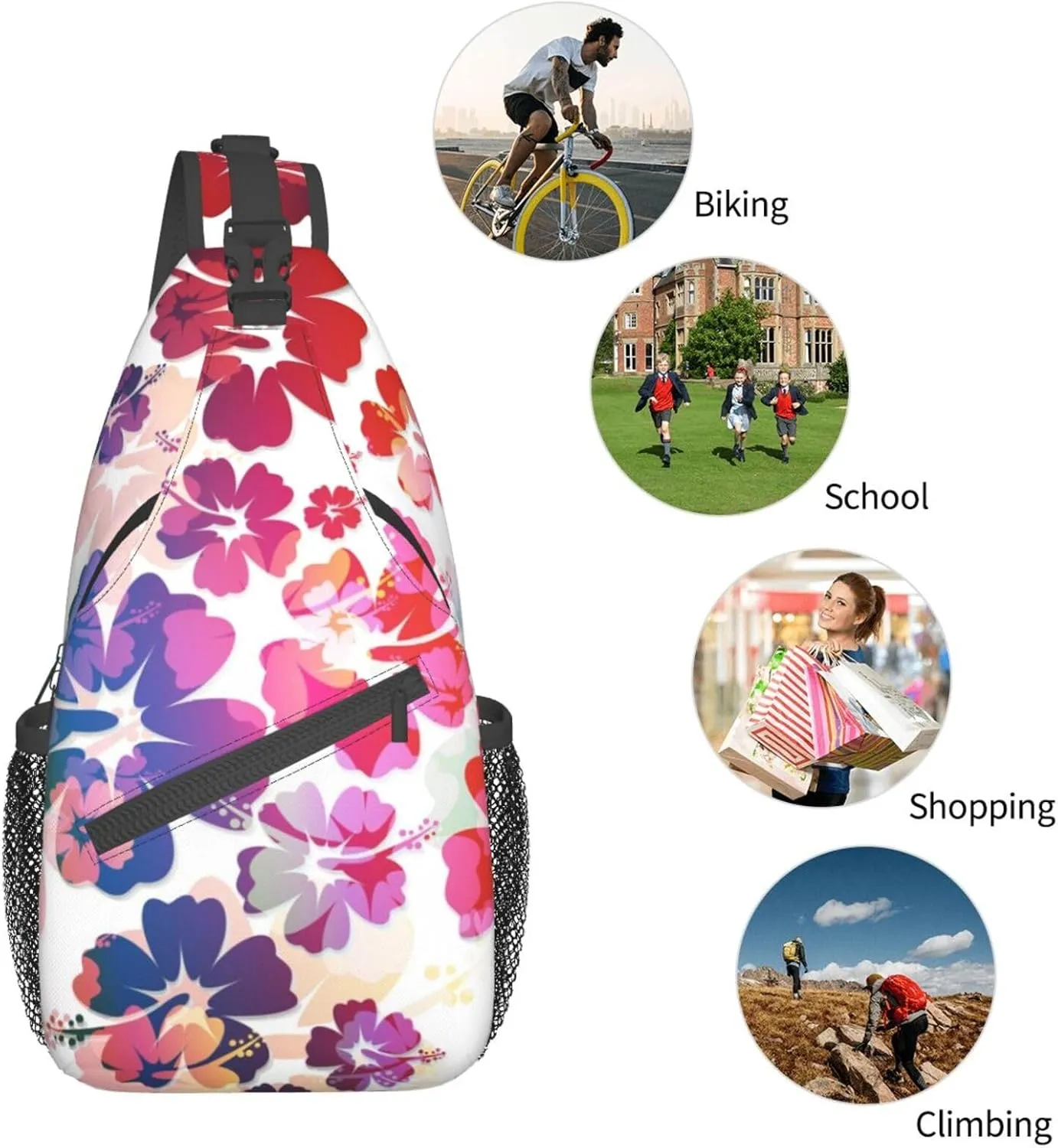 Tropical Hibiscus Flowers Boho Sling Bag for Women Men Crossbody Backpack Casual Hiking Daypack Chest Shoulder Bag with Adjustable Strap