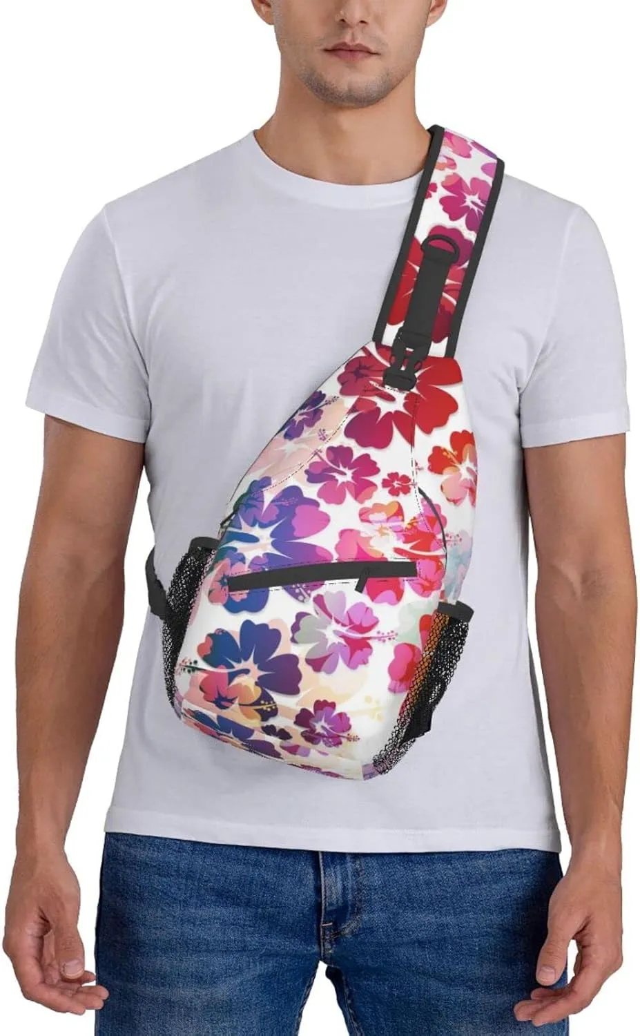 Tropical Hibiscus Flowers Boho Sling Bag for Women Men Crossbody Backpack Casual Hiking Daypack Chest Shoulder Bag with Adjustable Strap