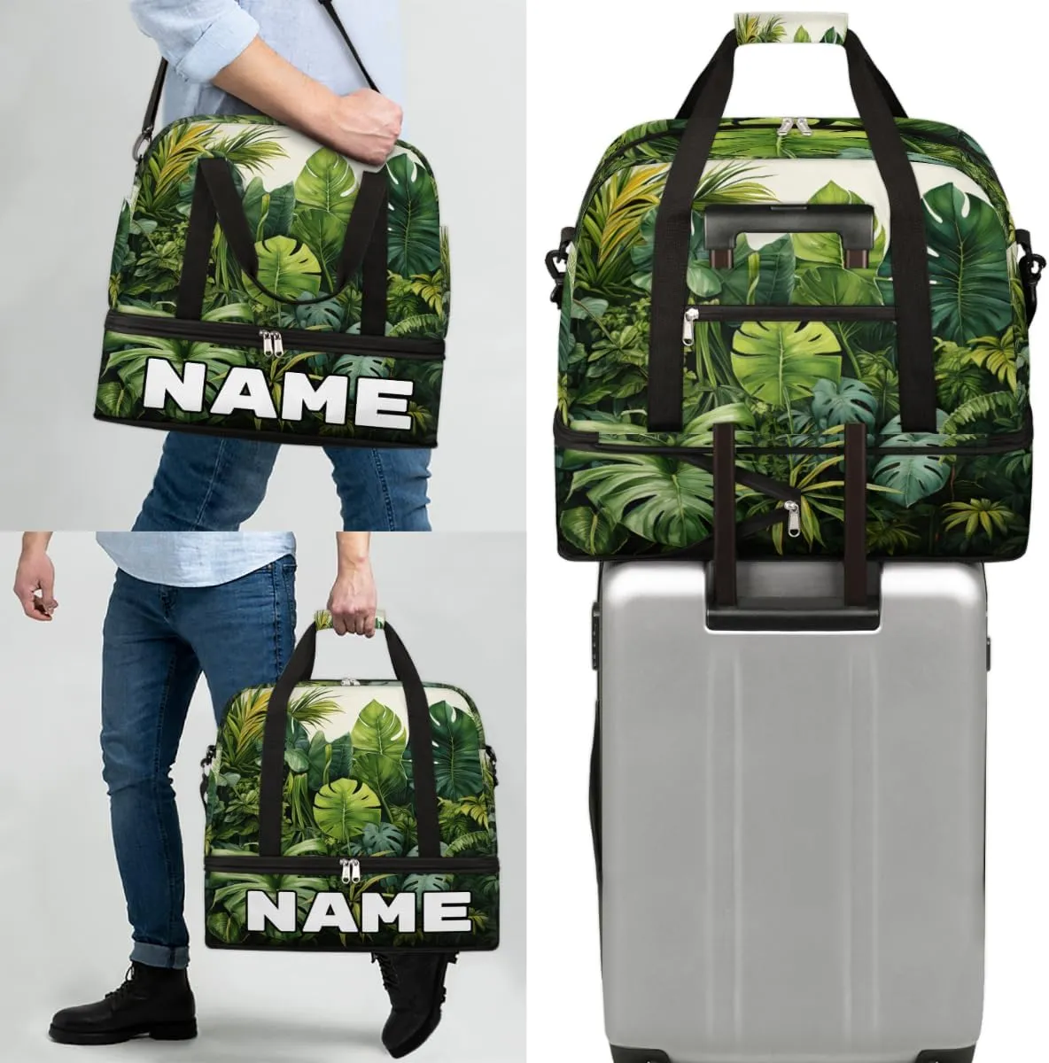 Tropical Jungle Palms Custom Foldable Duffle Bag with Shoes Compartment Personalized Large Capacity Waterproof Travel Weekender Bag Overnight Bag for Sports Gym