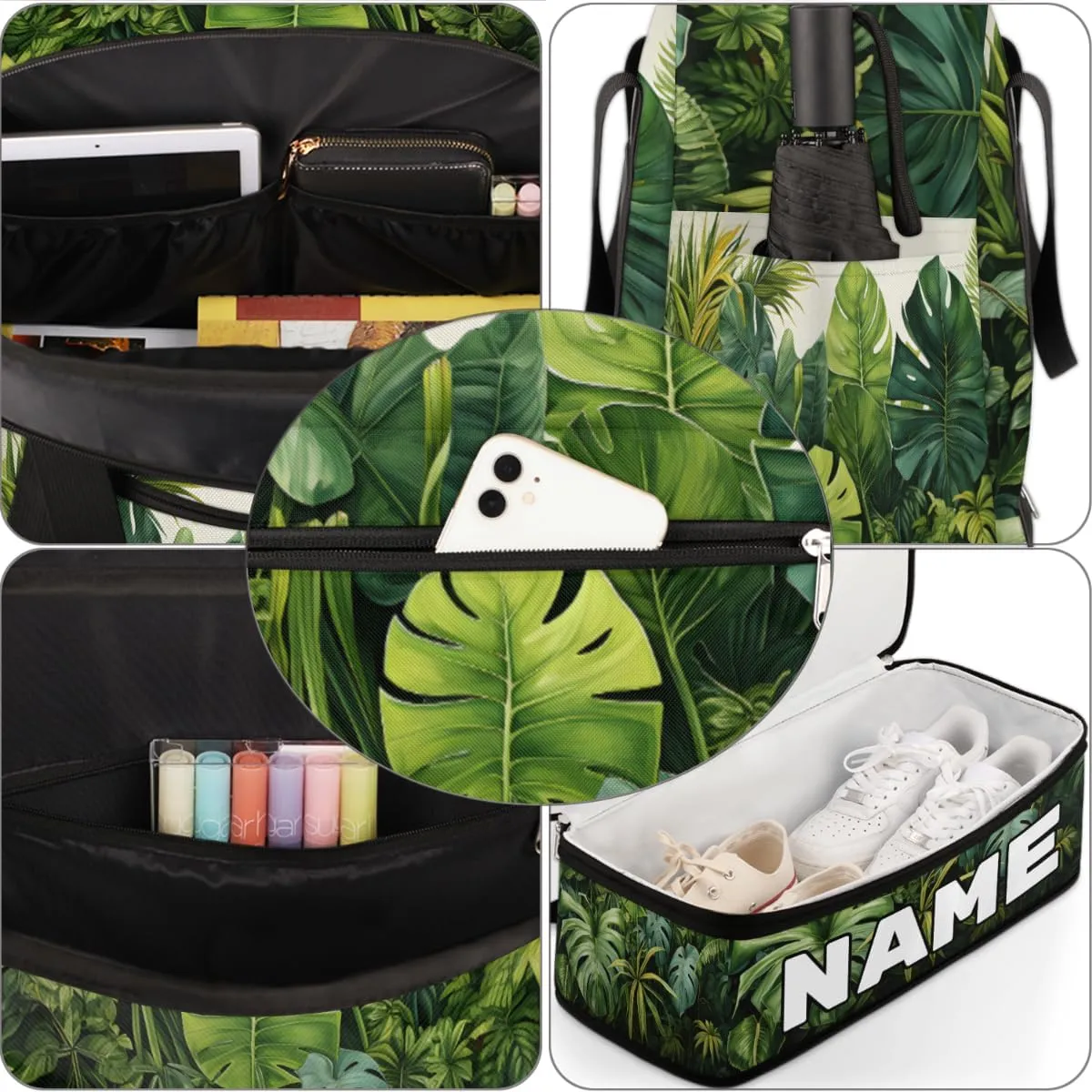 Tropical Jungle Palms Custom Foldable Duffle Bag with Shoes Compartment Personalized Large Capacity Waterproof Travel Weekender Bag Overnight Bag for Sports Gym
