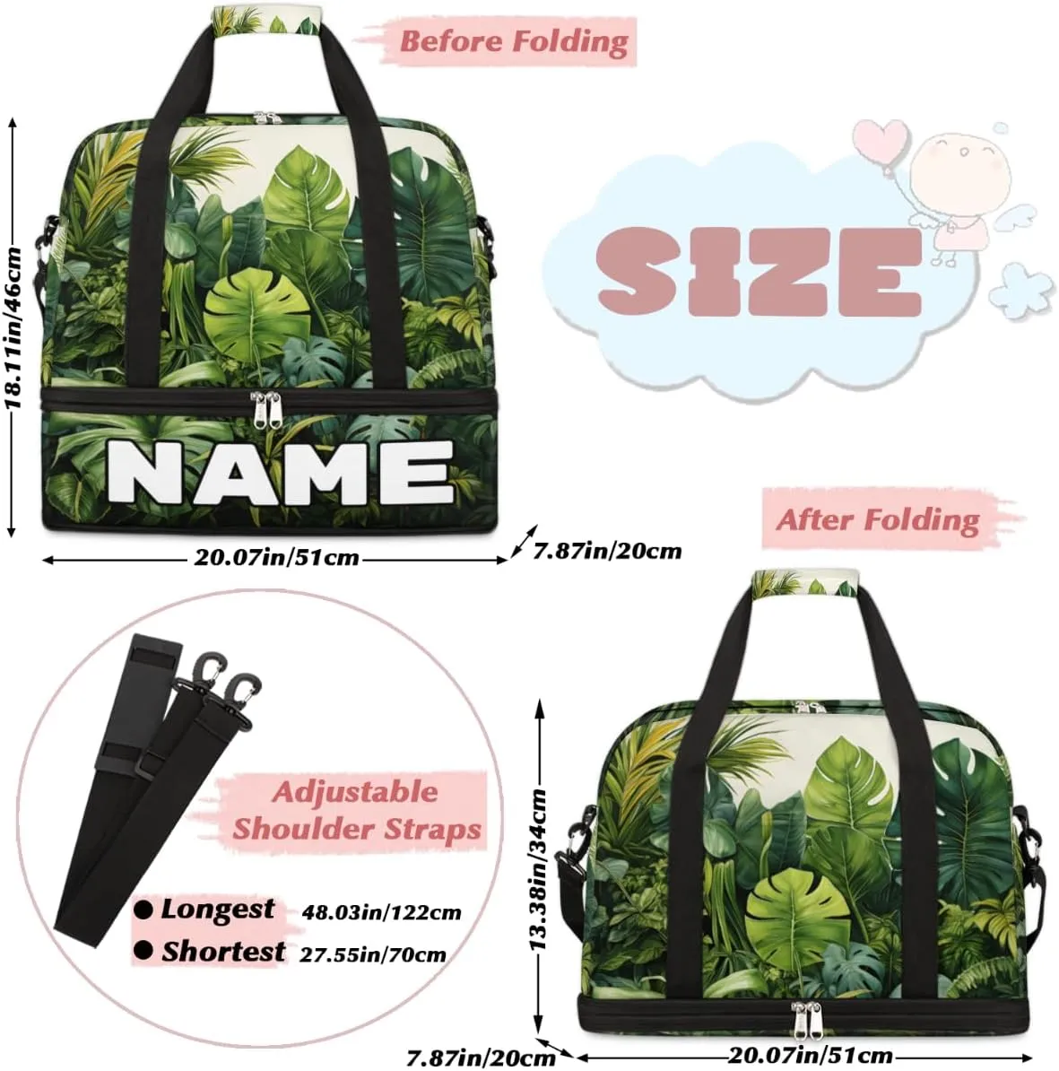 Tropical Jungle Palms Custom Foldable Duffle Bag with Shoes Compartment Personalized Large Capacity Waterproof Travel Weekender Bag Overnight Bag for Sports Gym