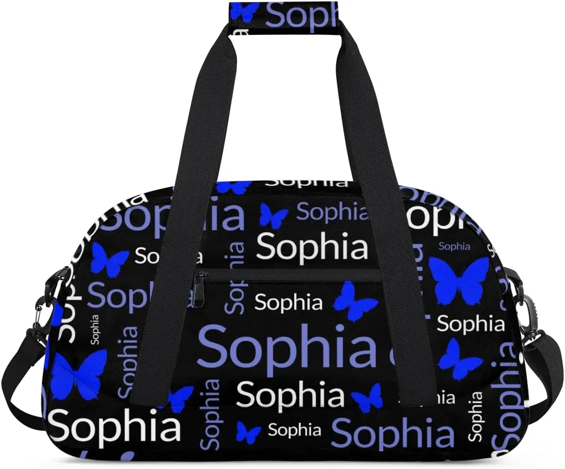 TropicalLife Custom Butterfly Sport Gym Bag Personalized Dance Bag Customized Duffle Bag Travel Duffle Bag for Women Blue White Butterfly