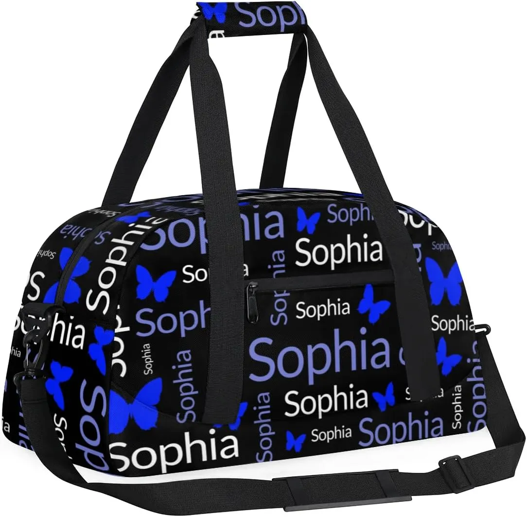 TropicalLife Custom Butterfly Sport Gym Bag Personalized Dance Bag Customized Duffle Bag Travel Duffle Bag for Women Blue White Butterfly