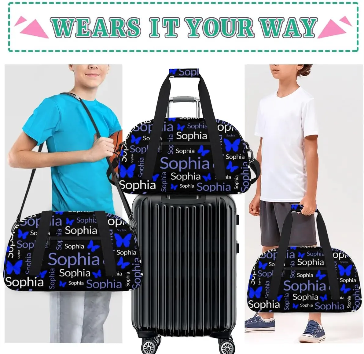 TropicalLife Custom Butterfly Sport Gym Bag Personalized Dance Bag Customized Duffle Bag Travel Duffle Bag for Women Blue White Butterfly