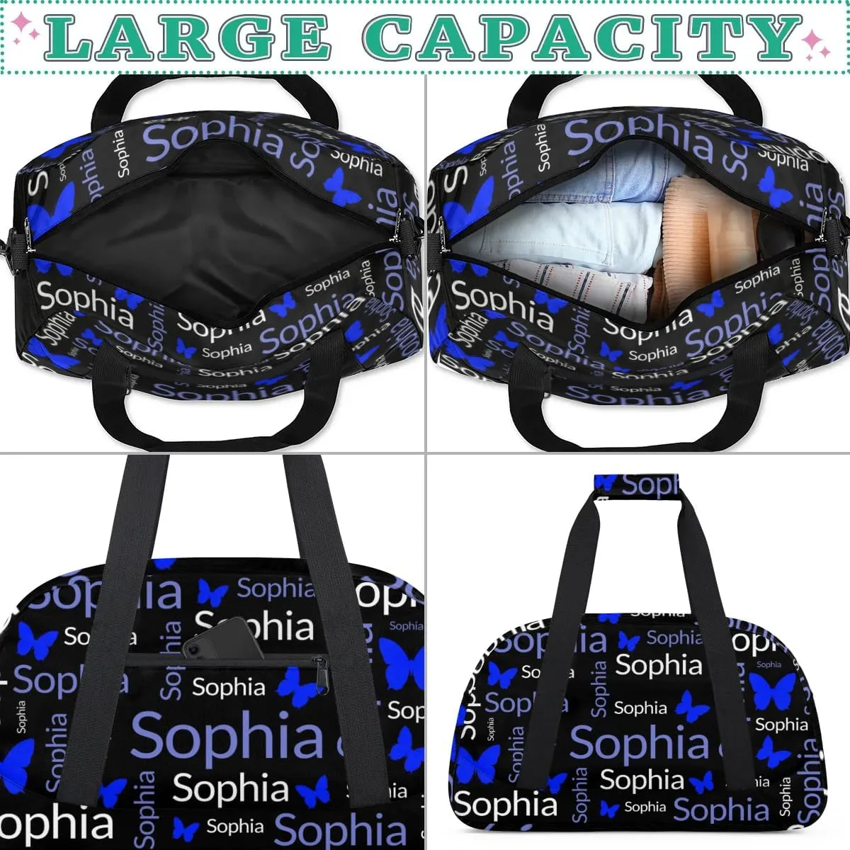 TropicalLife Custom Butterfly Sport Gym Bag Personalized Dance Bag Customized Duffle Bag Travel Duffle Bag for Women Blue White Butterfly
