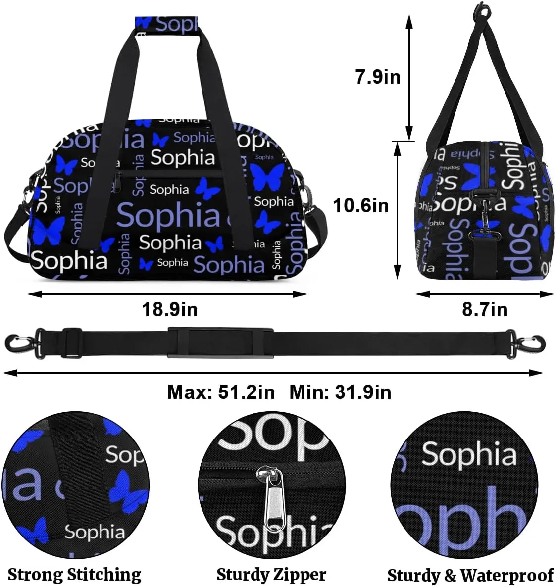 TropicalLife Custom Butterfly Sport Gym Bag Personalized Dance Bag Customized Duffle Bag Travel Duffle Bag for Women Blue White Butterfly