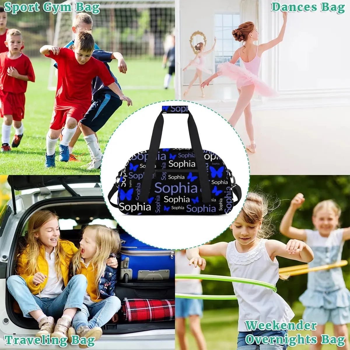 TropicalLife Custom Butterfly Sport Gym Bag Personalized Dance Bag Customized Duffle Bag Travel Duffle Bag for Women Blue White Butterfly