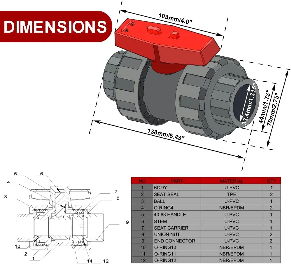 TTFLEX 1 Inch (DN25) True Union Ball Valve, ASTM NBR O-ring, Slip Socket Ball Valve with Full Port for Water System