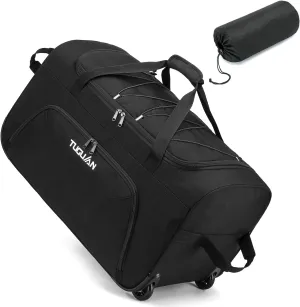 TUGUAN Gym bag for Men with Wheels, 110L Large Rolling Overnight Weekender Duffle Bag with Shoes Compartment, Packable Folding Duffle Bag for Travel Camping Storage, Workout Sports Duffel Bag, Black