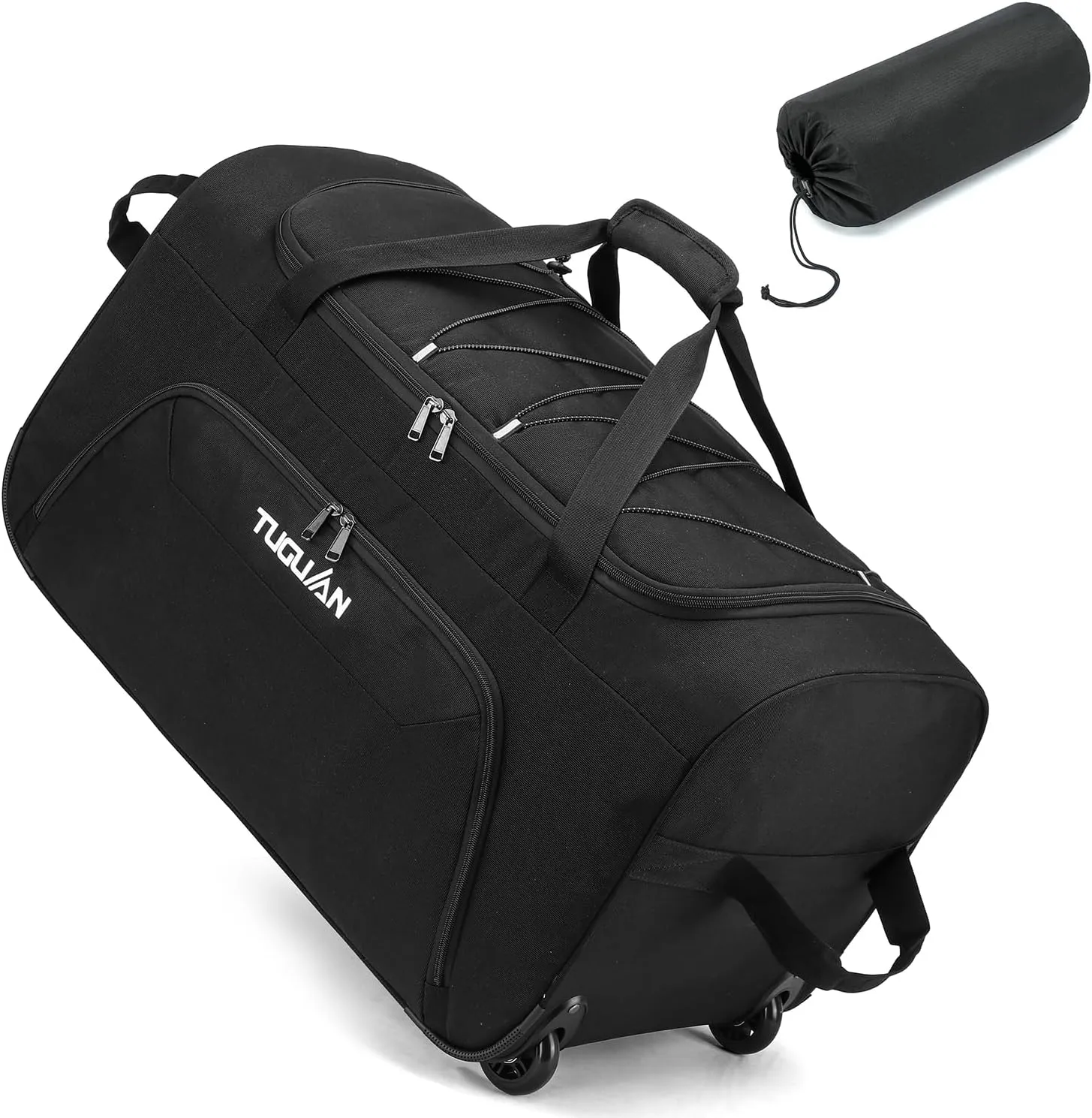 TUGUAN Gym bag for Men with Wheels, 110L Large Rolling Overnight Weekender Duffle Bag with Shoes Compartment, Packable Folding Duffle Bag for Travel Camping Storage, Workout Sports Duffel Bag, Black