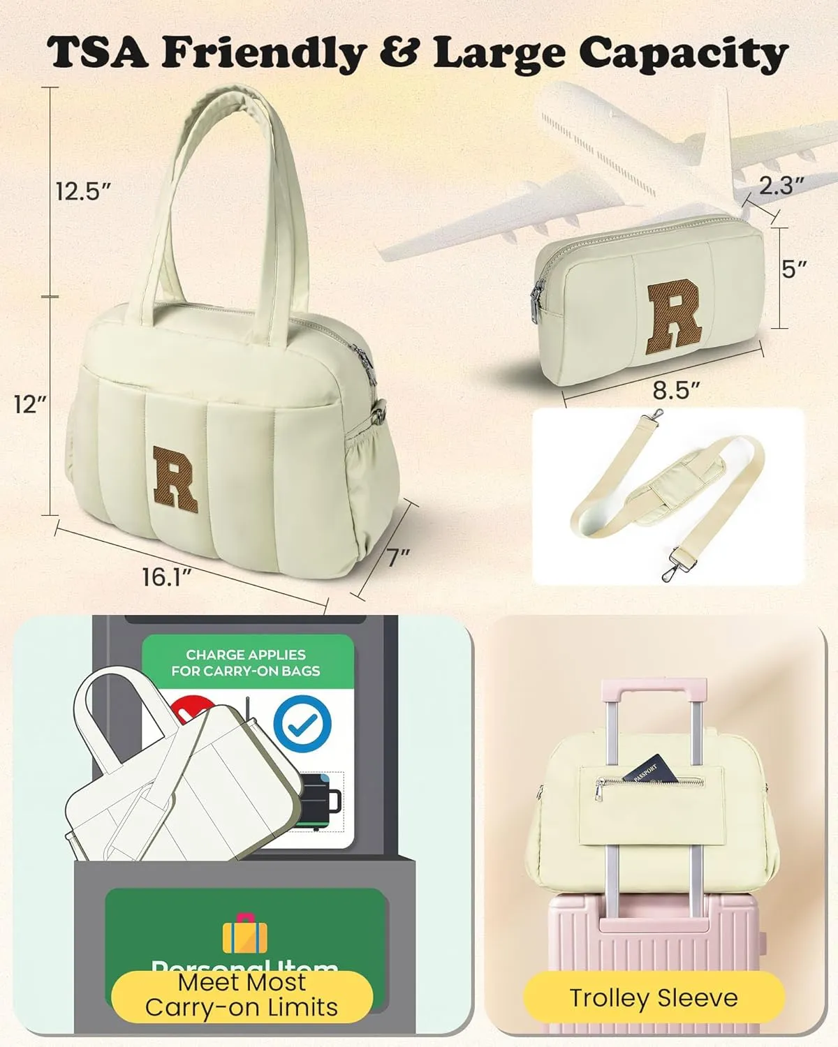 Tween Girls Gifts 14-16, Initial Duffel Bag, Personalized Weekender Bag with Shoulder Strap, Monogram Overnight Bag for Women, Letter Travel Bag with Makeup Bag Gifts for Niece (Letter A)