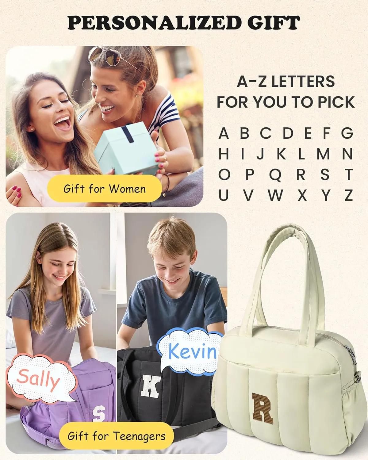 Tween Girls Gifts 14-16, Initial Duffel Bag, Personalized Weekender Bag with Shoulder Strap, Monogram Overnight Bag for Women, Letter Travel Bag with Makeup Bag Gifts for Niece (Letter A)