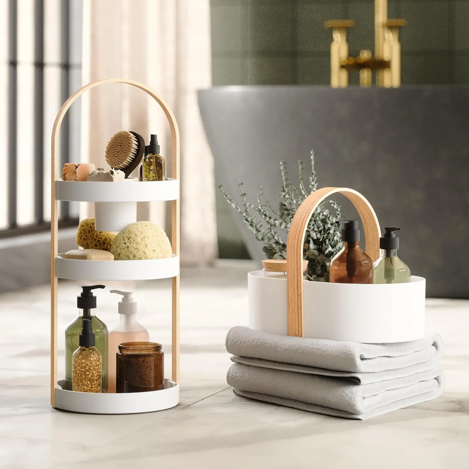 Umbra Bellwood Multipurpose Caddy Organizer with Handle, Desk, Makeup, Dorm Caddy, Kitchen Cabinet Organizer, Natural/White