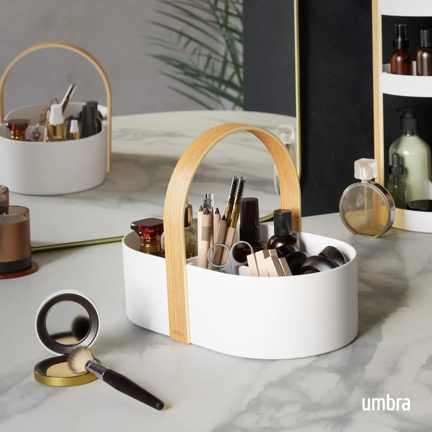 Umbra Bellwood Multipurpose Caddy Organizer with Handle, Desk, Makeup, Dorm Caddy, Kitchen Cabinet Organizer, Natural/White