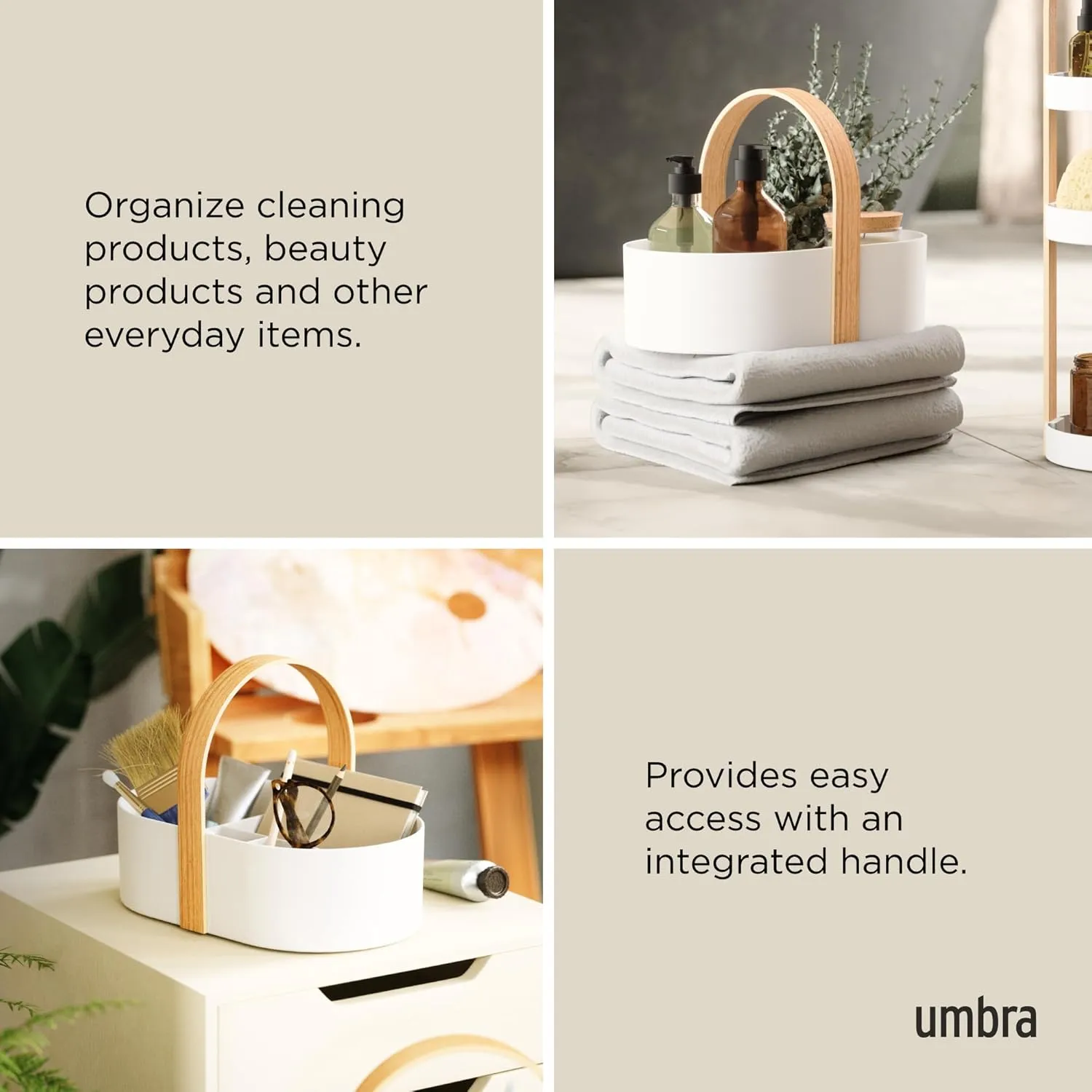 Umbra Bellwood Multipurpose Caddy Organizer with Handle, Desk, Makeup, Dorm Caddy, Kitchen Cabinet Organizer, Natural/White