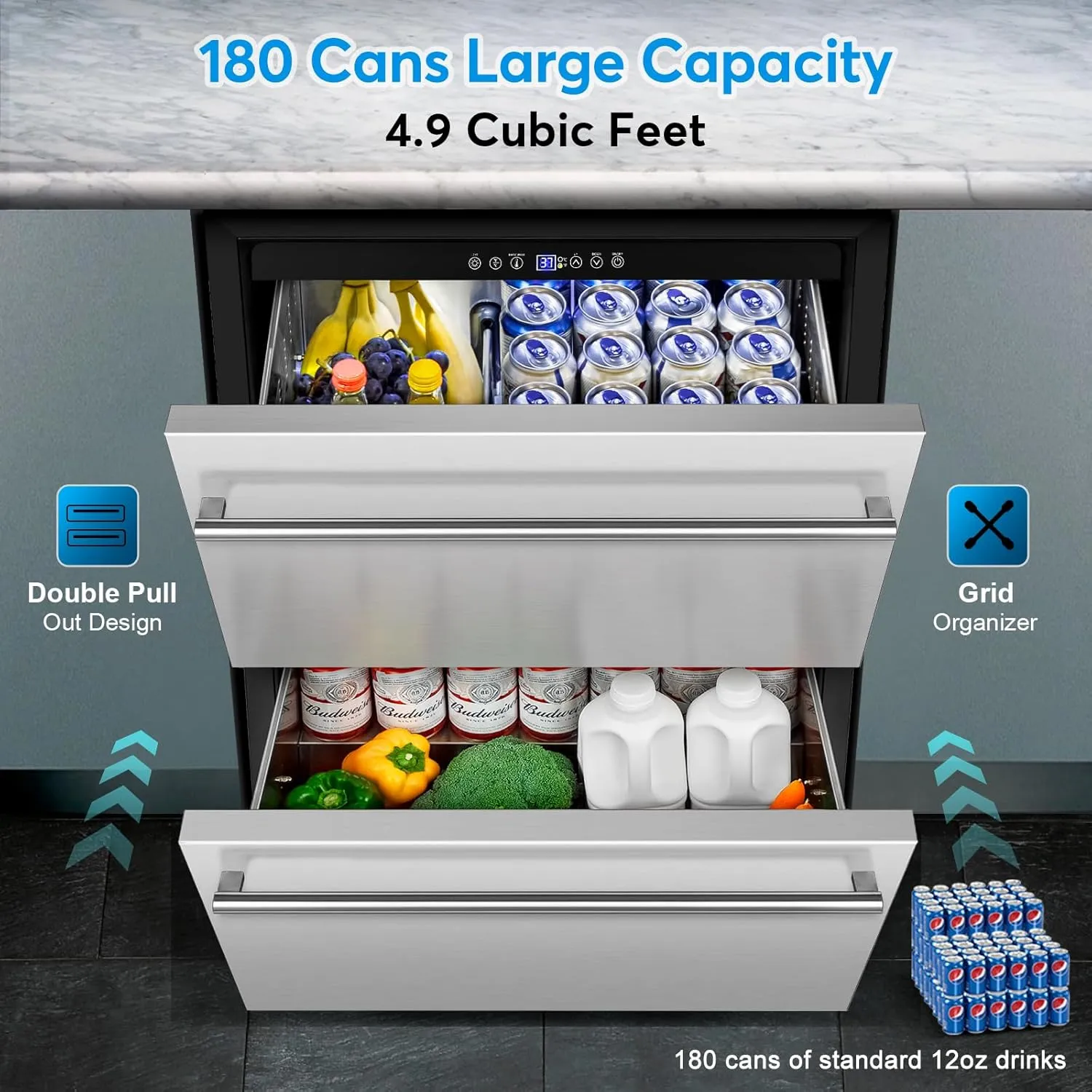 Under Counter Beverage Refrigerator 24 Inch, Outdoor Drawer Fridge Stainless Steel with Temperature Control for Home, Outdoor Patio and Commercial Use