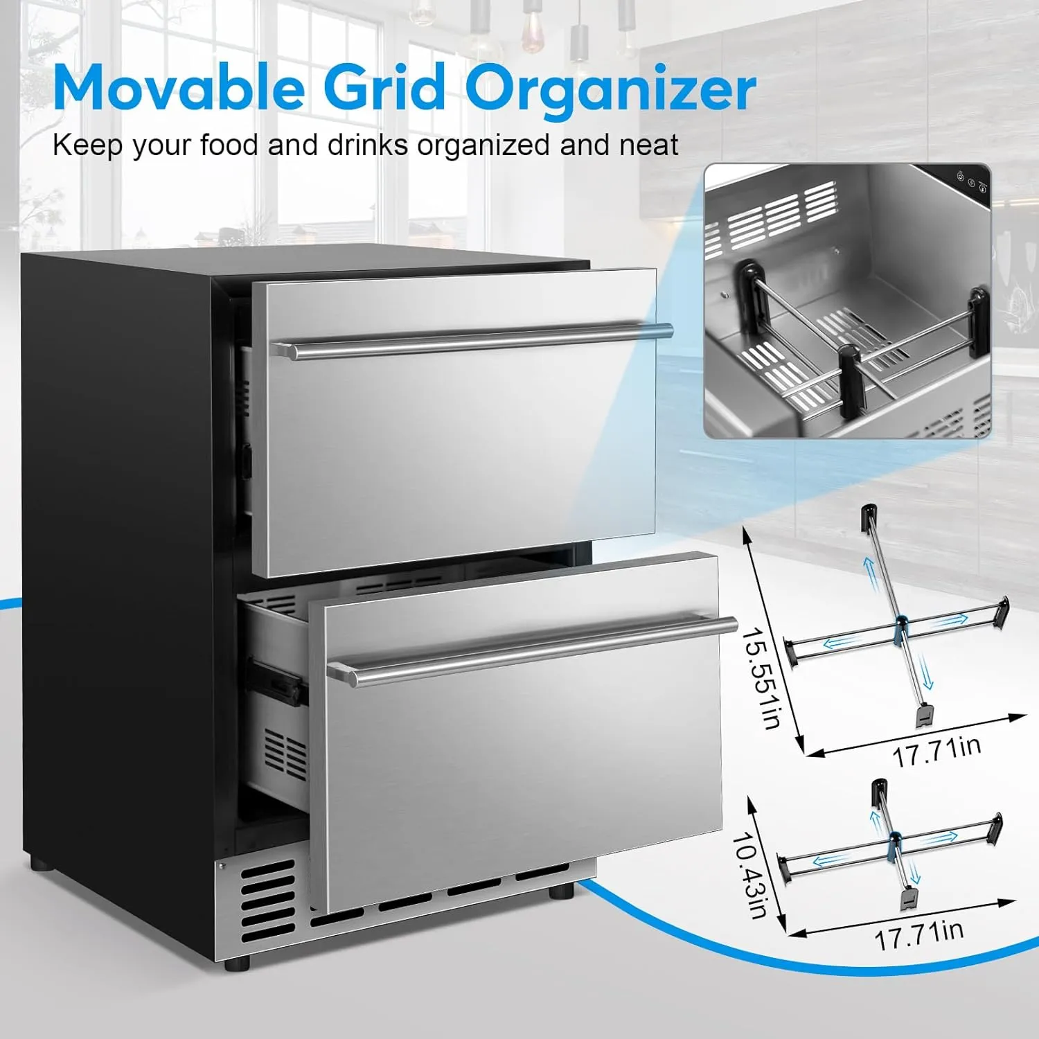 Under Counter Beverage Refrigerator 24 Inch, Outdoor Drawer Fridge Stainless Steel with Temperature Control for Home, Outdoor Patio and Commercial Use