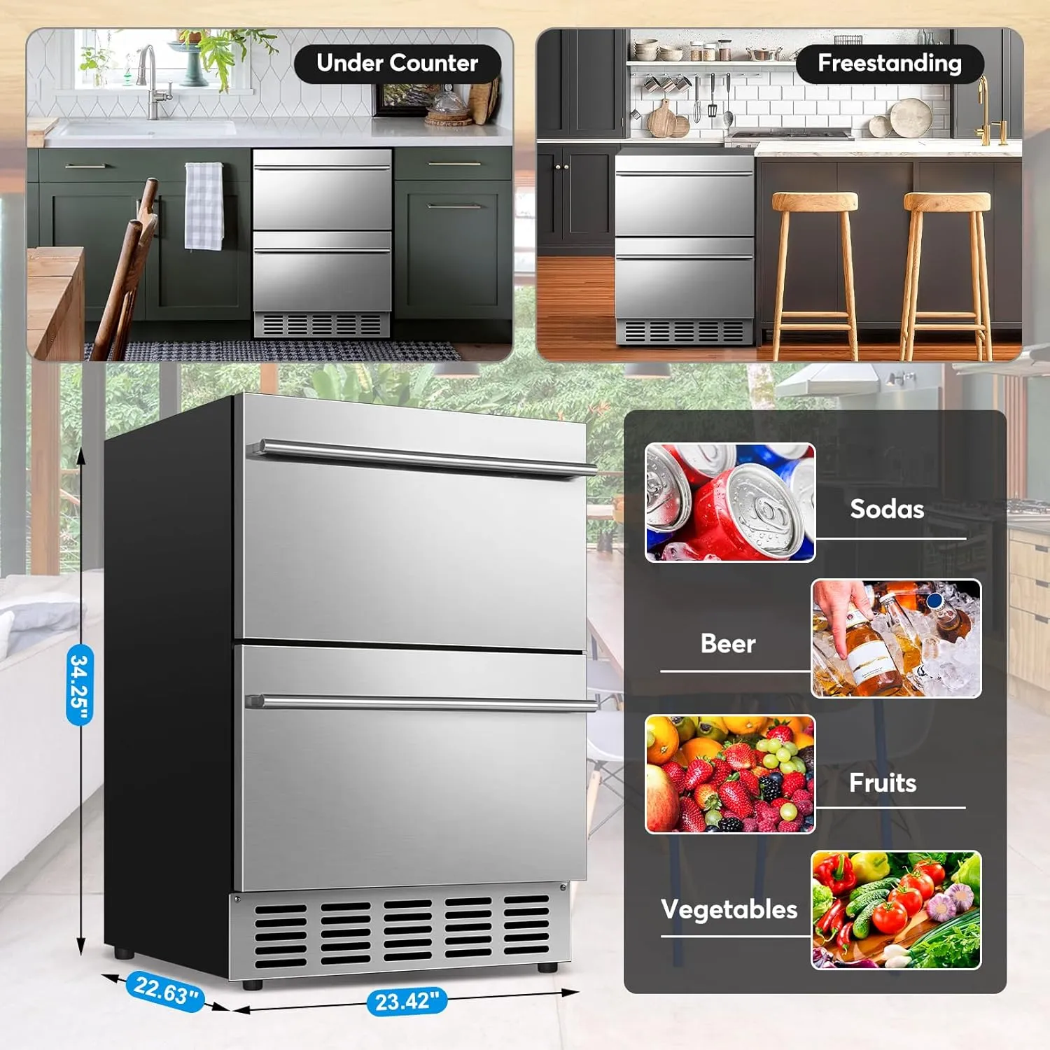 Under Counter Beverage Refrigerator 24 Inch, Outdoor Drawer Fridge Stainless Steel with Temperature Control for Home, Outdoor Patio and Commercial Use