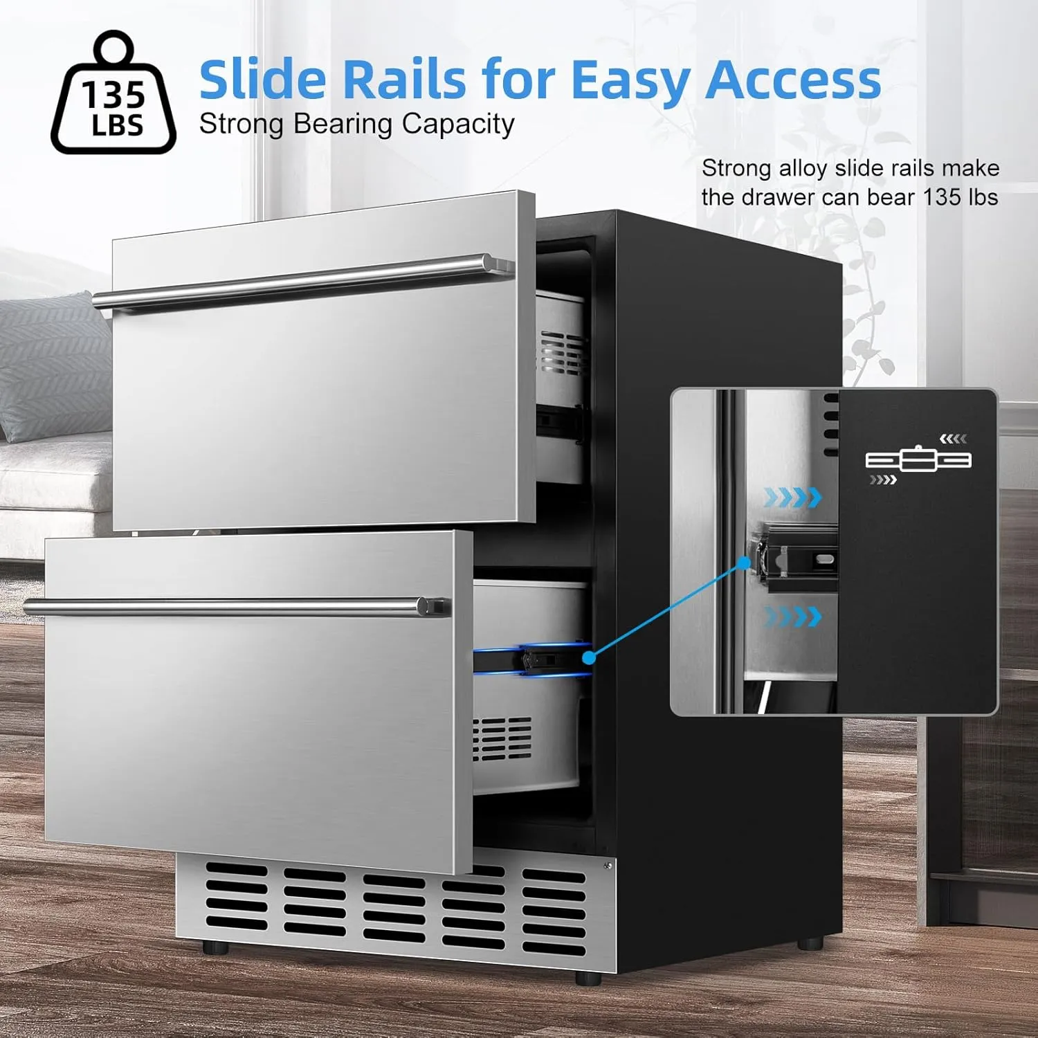 Under Counter Beverage Refrigerator 24 Inch, Outdoor Drawer Fridge Stainless Steel with Temperature Control for Home, Outdoor Patio and Commercial Use