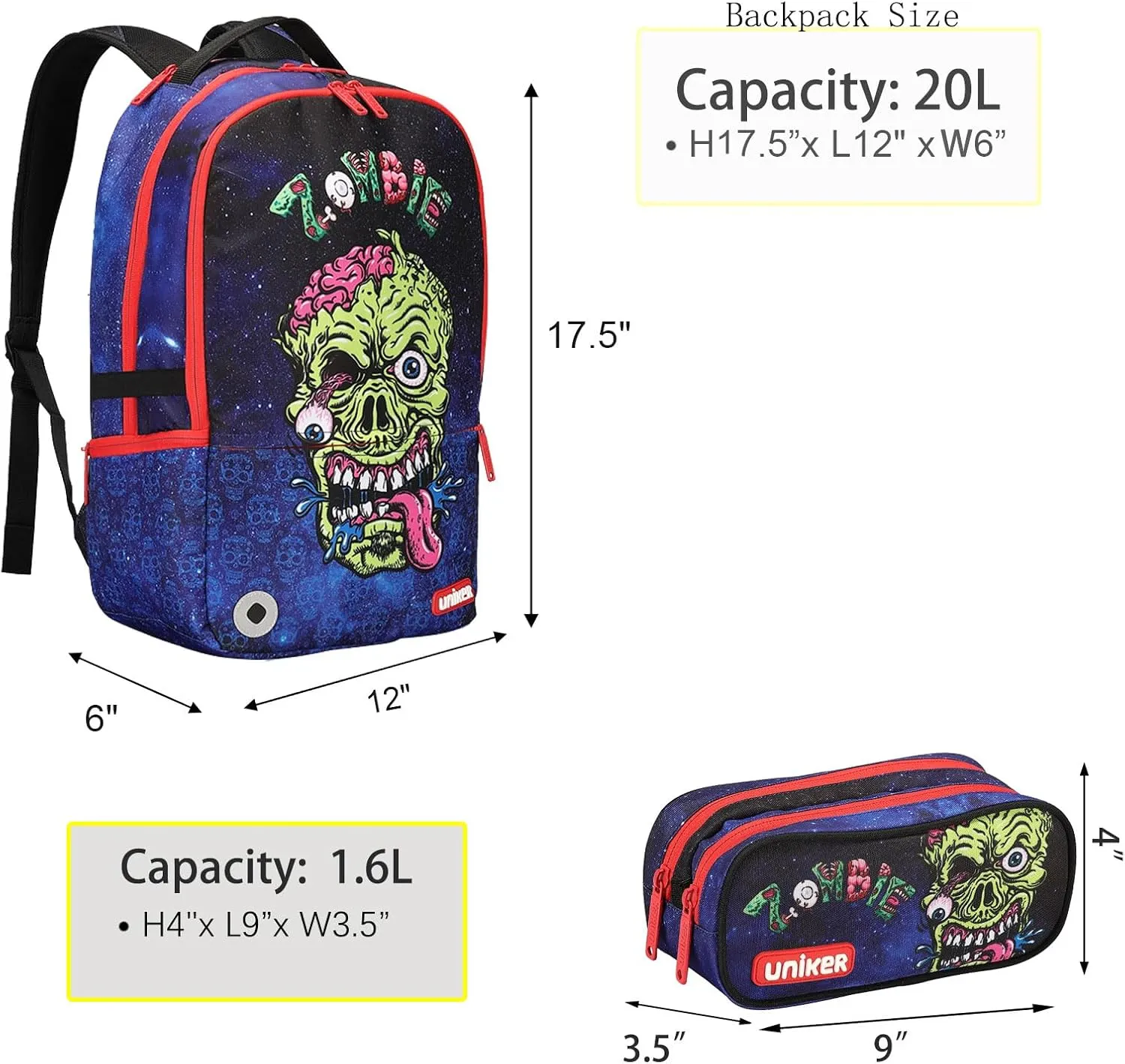 UNIKER Fashion 2 in 1 Backpack Set with Cosmetic Bag,Casual Daypack Women,Backpack and Carry-on 2pc set,Lightweight Travel Backpack,Laptop Backpack with with USB Port, Skull Pattern